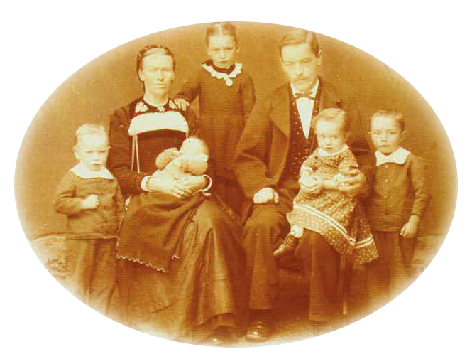 l. Generation: Elisabeth und Peter Bleuer mit fünf der insgesamt zehn Kindcr - links: Christian ("1885)